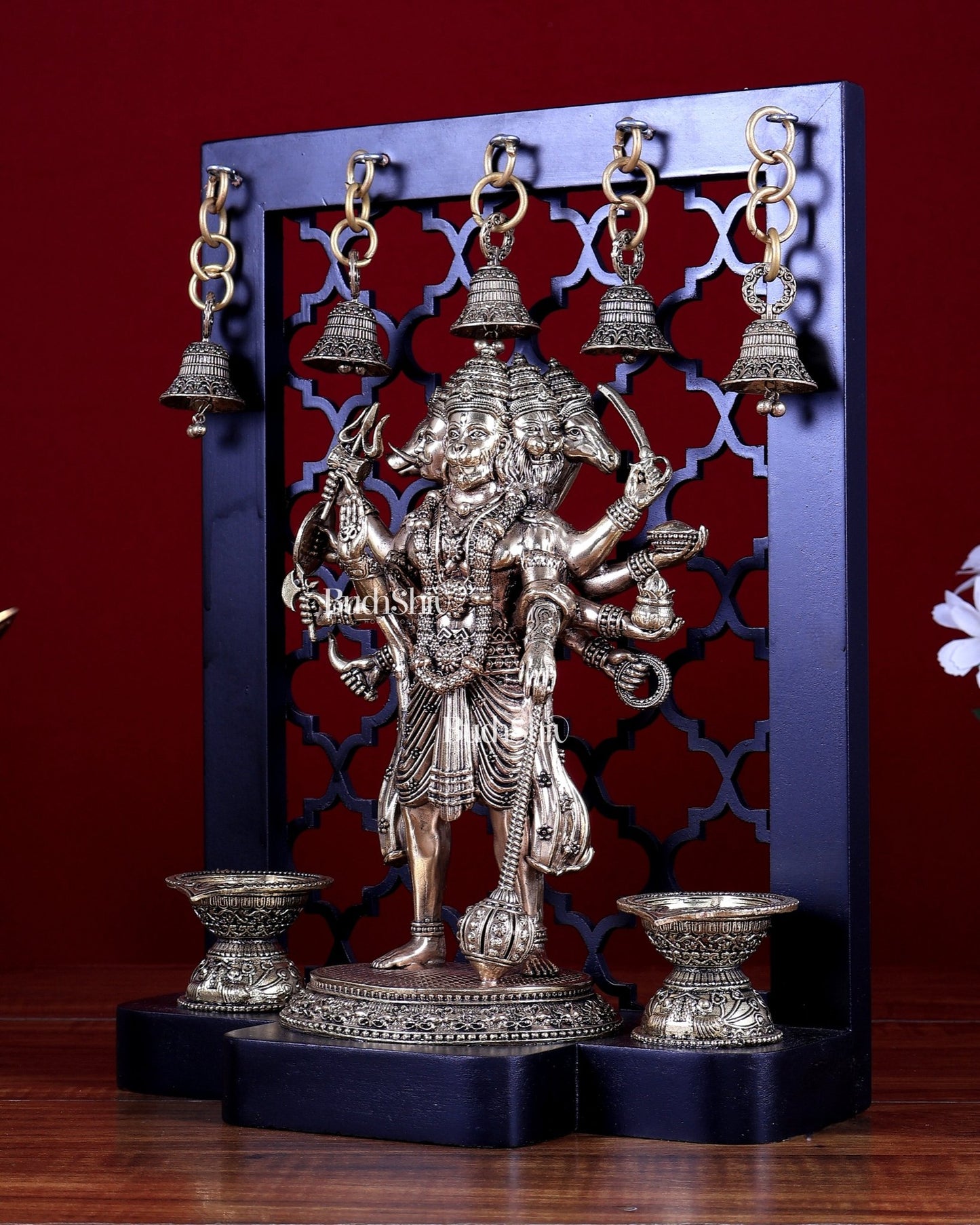 Brass Panchmukhi Hanuman on Temple Frame with Diyas & Bells 12 inch - Budhshiv.com
