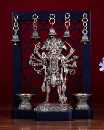 Brass Panchmukhi Hanuman on Temple Frame with Diyas & Bells 12 inch - Budhshiv.com