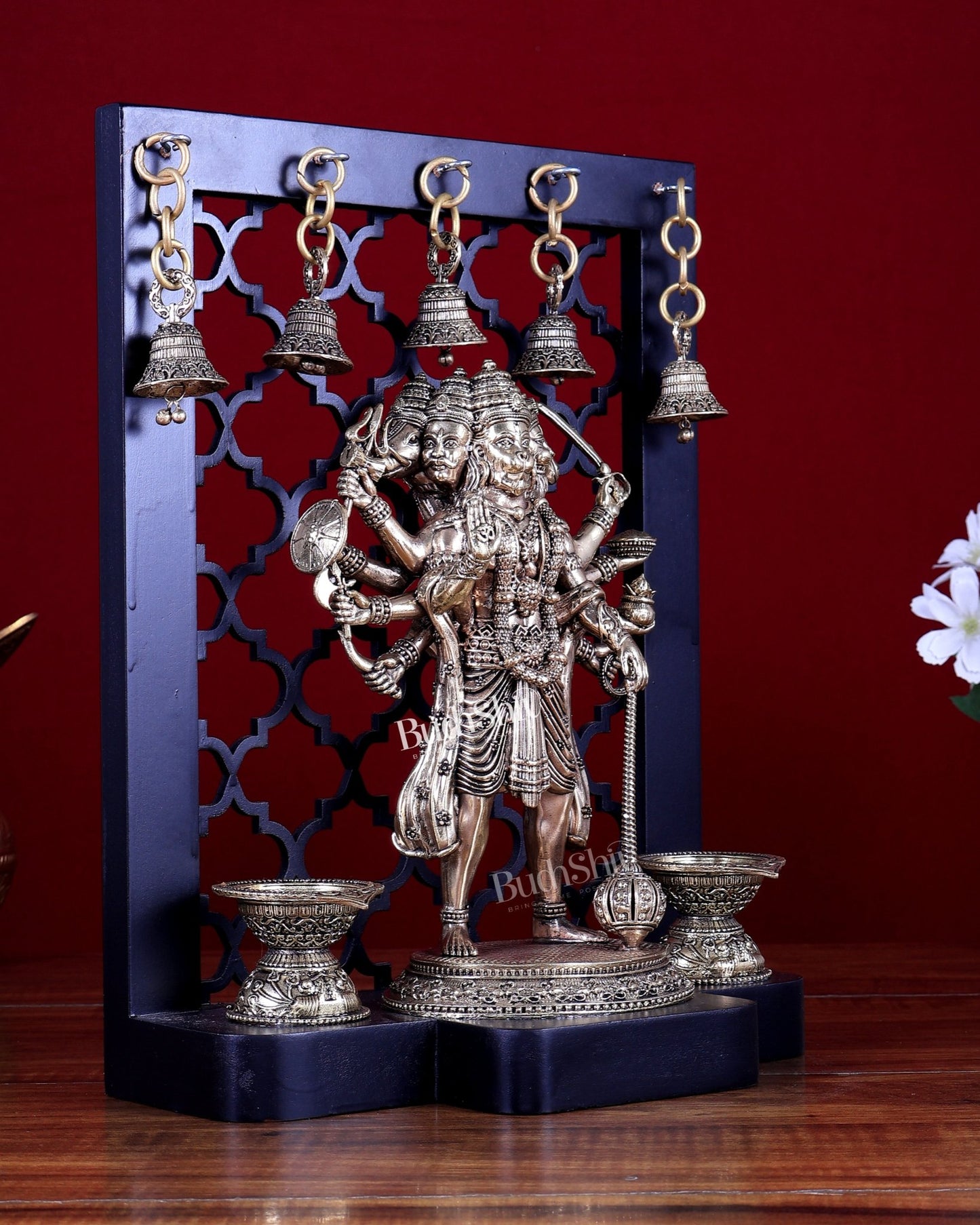 Brass Panchmukhi Hanuman on Temple Frame with Diyas & Bells 12 inch - Budhshiv.com
