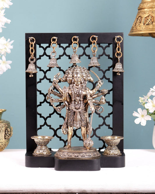 Brass Panchmukhi Hanuman on Temple Frame with Diyas & Bells 12 inch - Budhshiv.com