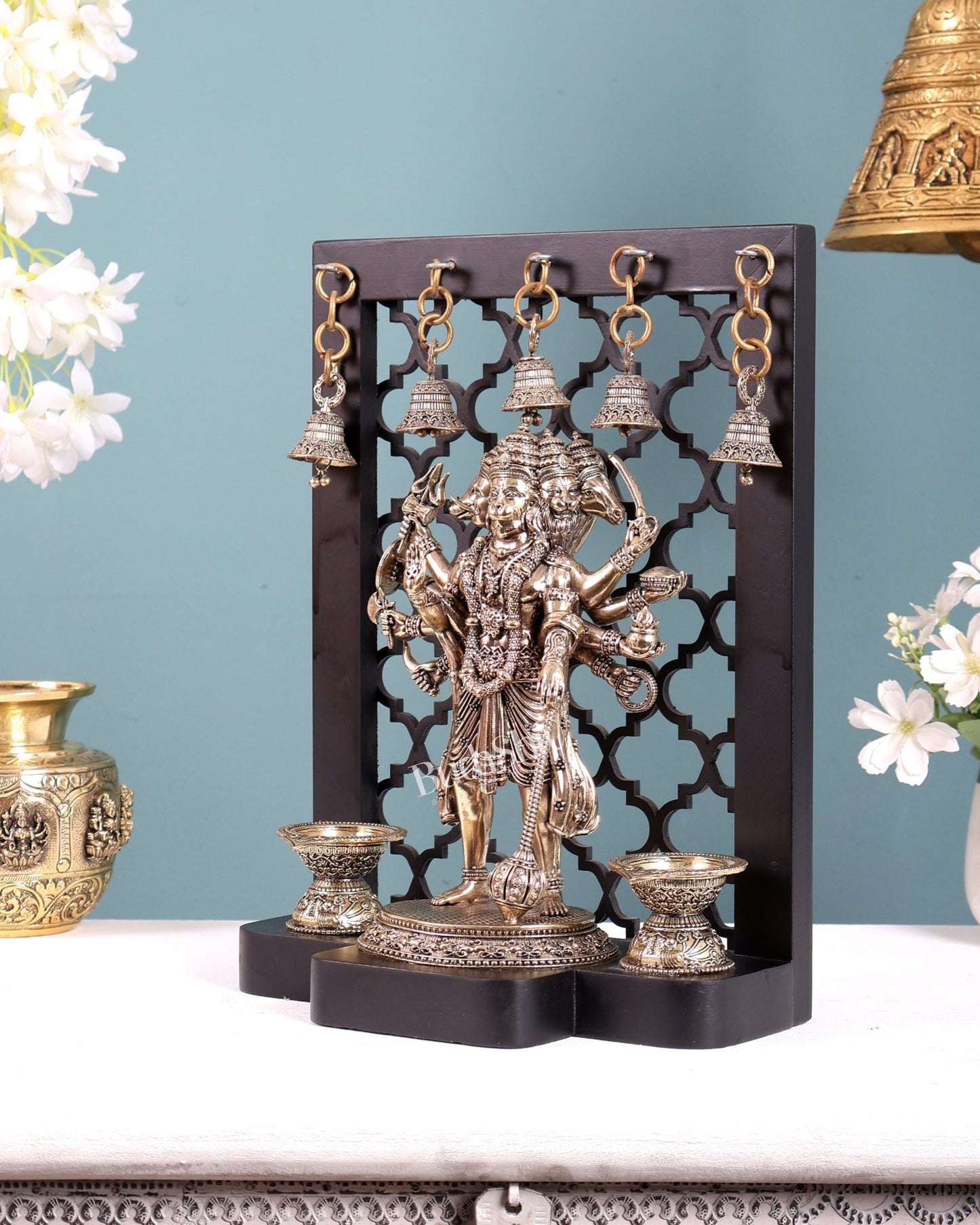 Brass Panchmukhi Hanuman on Temple Frame with Diyas & Bells 12 inch - Budhshiv.com
