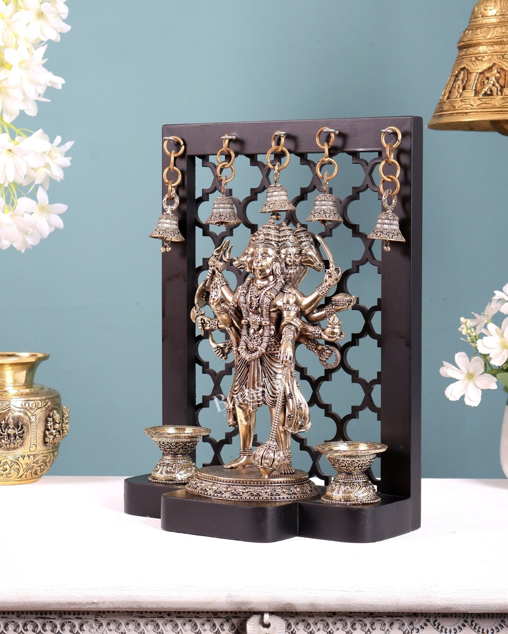 Brass Panchmukhi Hanuman on Temple Frame with Diyas & Bells 12 inch - Budhshiv.com