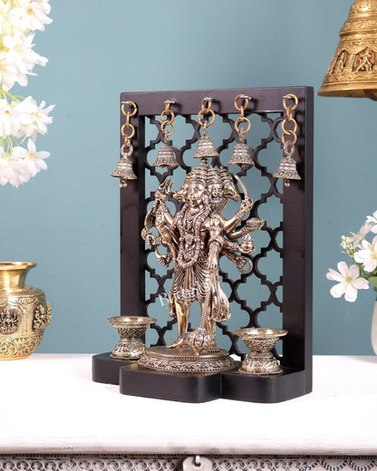 Brass Panchmukhi Hanuman on Temple Frame with Diyas & Bells 12 inch - Budhshiv.com