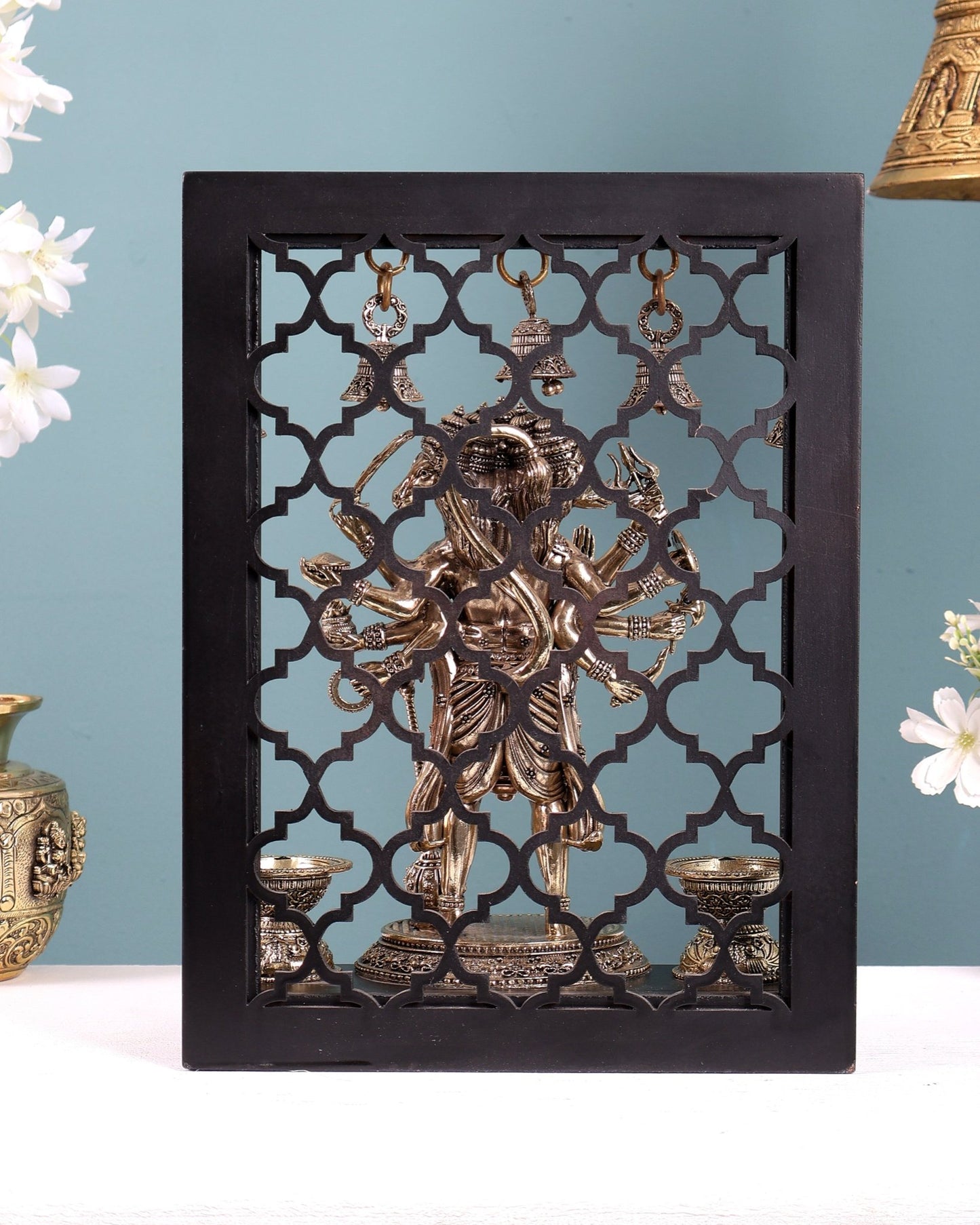 Brass Panchmukhi Hanuman on Temple Frame with Diyas & Bells 12 inch - Budhshiv.com