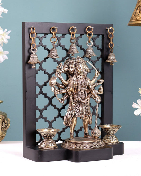 Brass Panchmukhi Hanuman on Temple Frame with Diyas & Bells 12 inch - Budhshiv.com