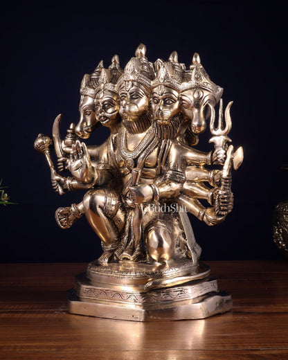 Brass Panchmukhi Hanuman Sculpture - 11" Glossy finish - Budhshiv.com