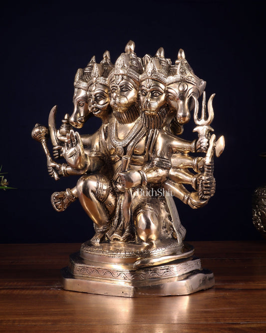 Brass Panchmukhi Hanuman Sculpture - 11" Glossy finish - Budhshiv.com