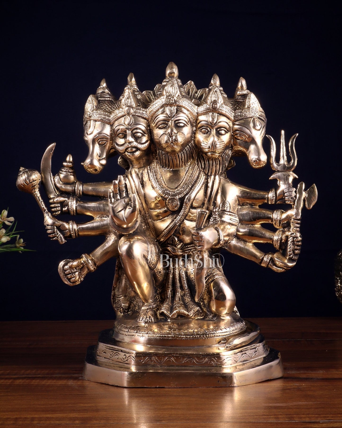 Brass Panchmukhi Hanuman Sculpture - 11" Glossy finish - Budhshiv.com