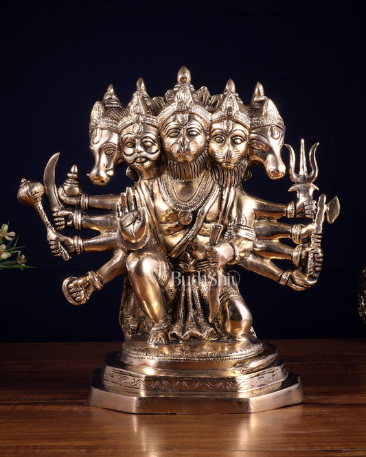 Brass Panchmukhi Hanuman Sculpture - 11" Glossy finish - Budhshiv.com