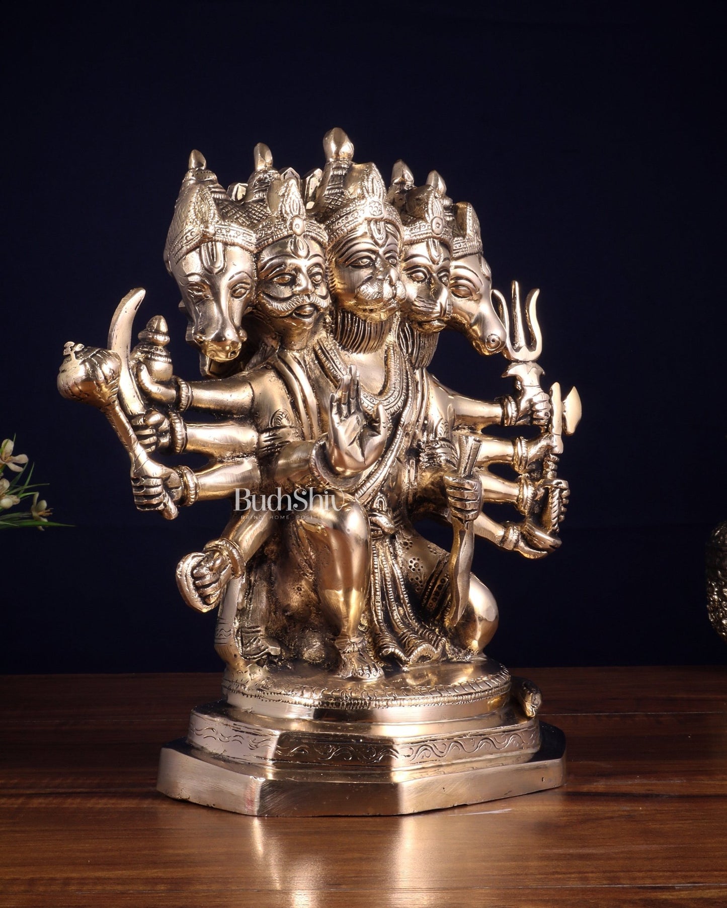 Brass Panchmukhi Hanuman Sculpture - 11" Glossy finish - Budhshiv.com