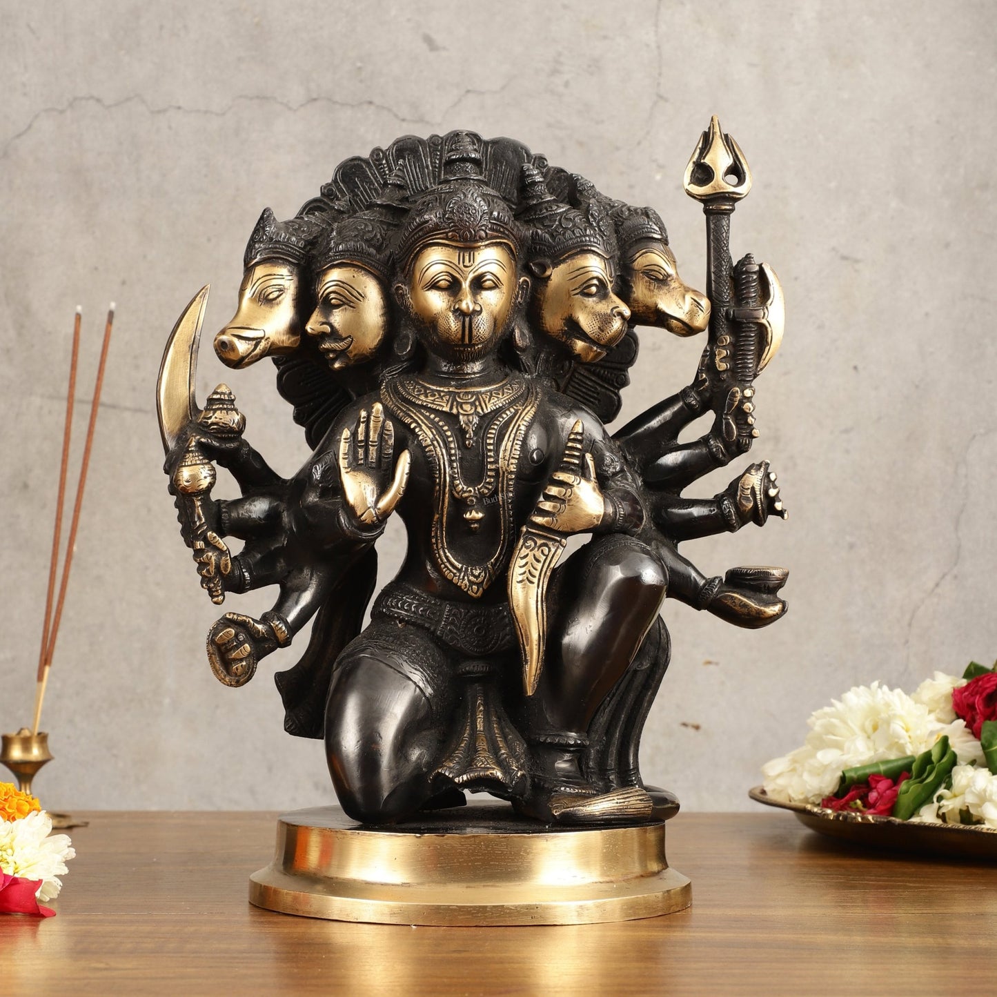 Brass Panchmukhi Hanuman Statue - 11" Height, Black and Gold Finish - Budhshiv.com