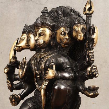 Brass Panchmukhi Hanuman Statue - 11" Height, Black and Gold Finish - Budhshiv.com