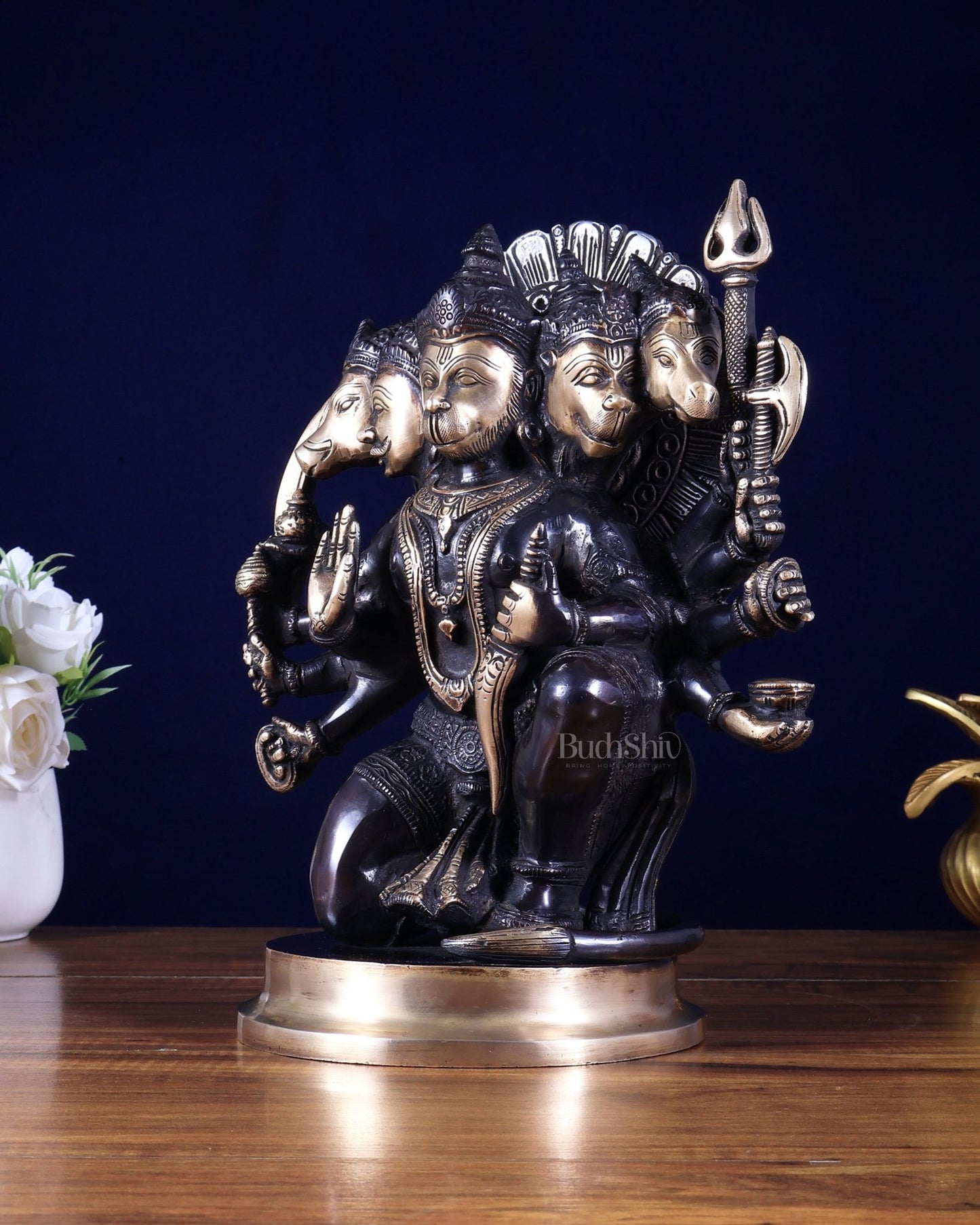 Brass Panchmukhi Hanuman Statue - 11 inch , Black edition - Budhshiv.com