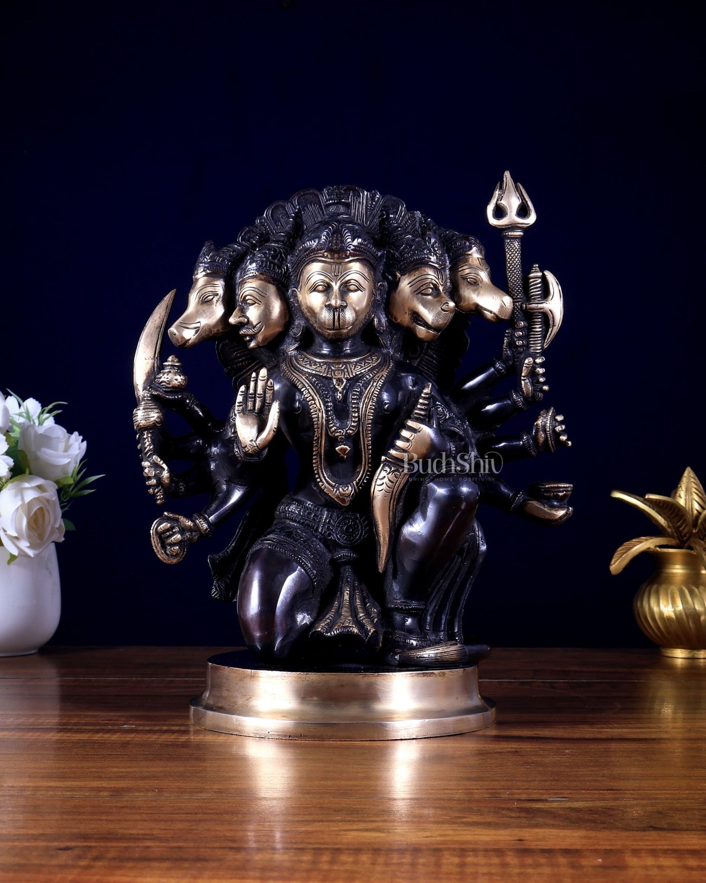 Brass Panchmukhi Hanuman Statue - 11 inch , Black edition - Budhshiv.com