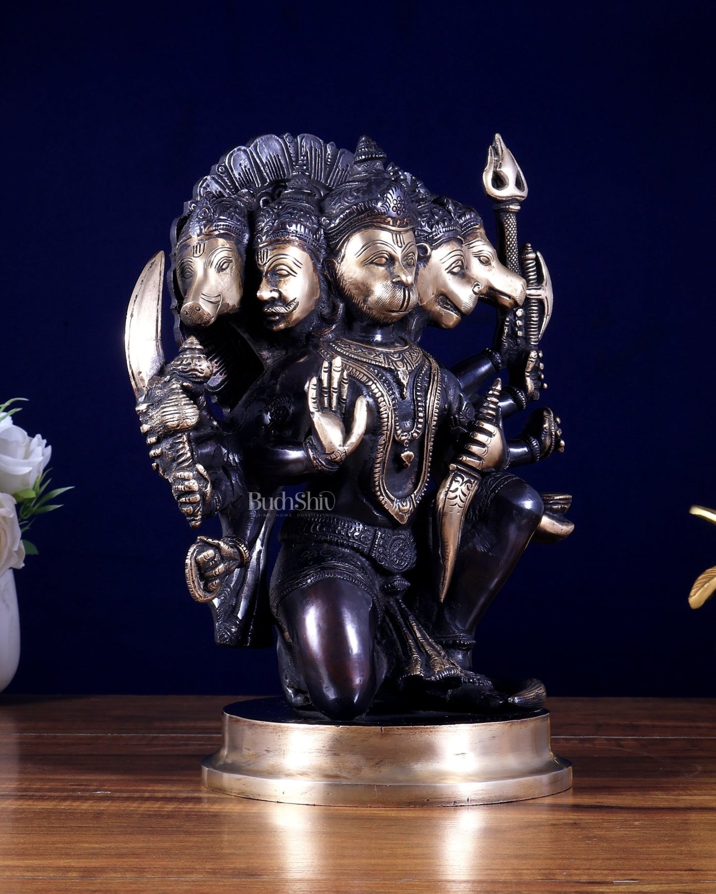 Brass Panchmukhi Hanuman Statue - 11 inch , Black edition - Budhshiv.com