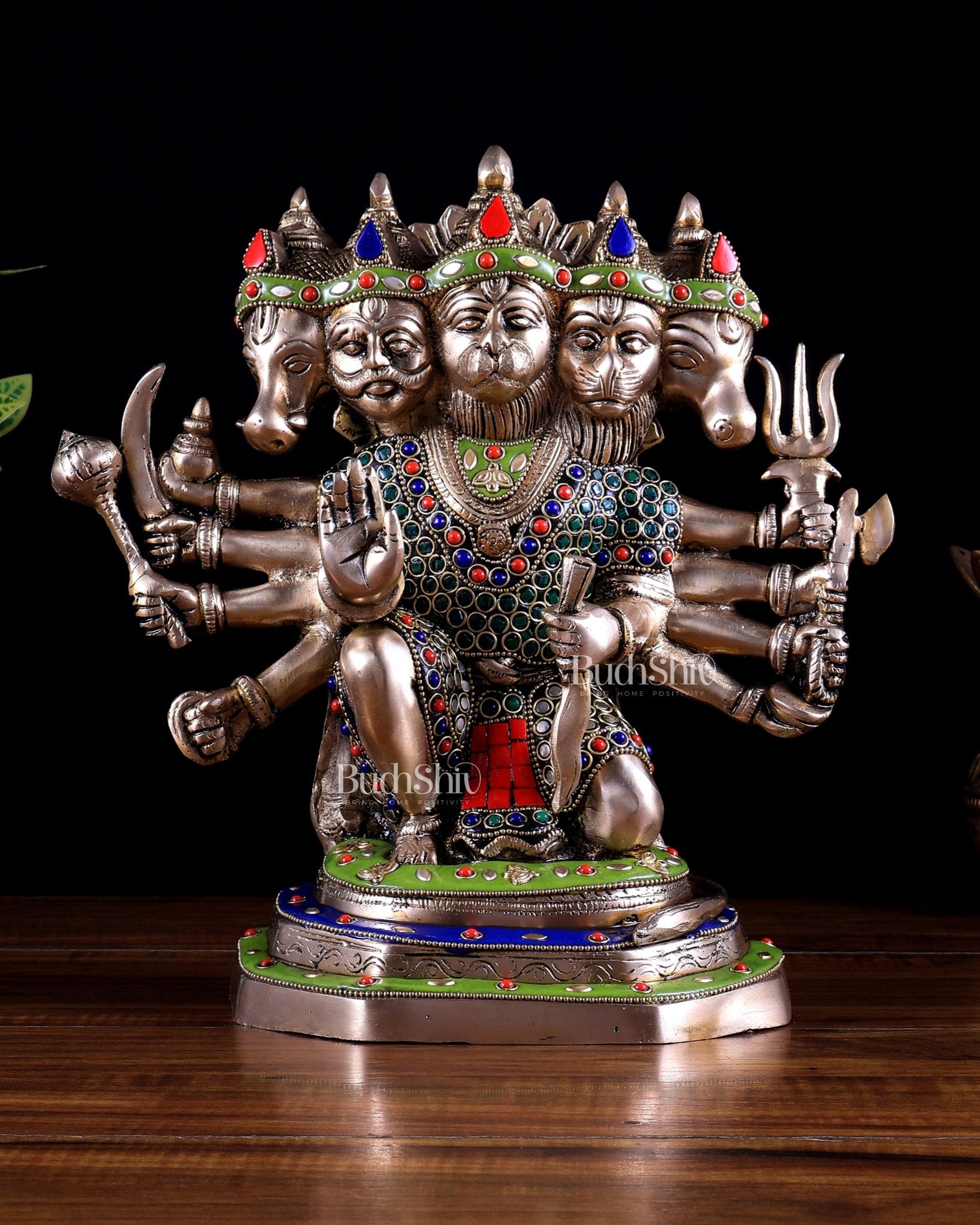 Brass Panchmukhi Hanuman Statue - 11" stonework - Budhshiv.com