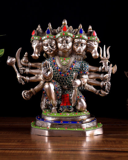 Brass Panchmukhi Hanuman Statue - 11" stonework - Budhshiv.com