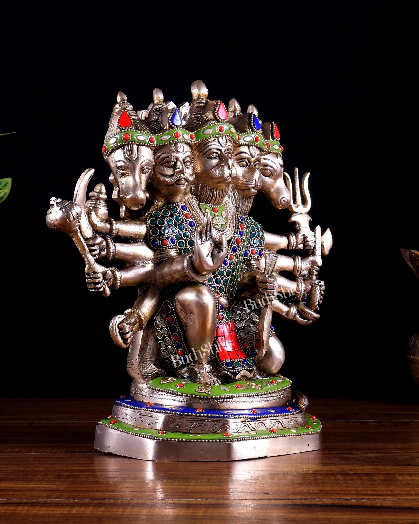 Brass Panchmukhi Hanuman Statue - 11" stonework - Budhshiv.com