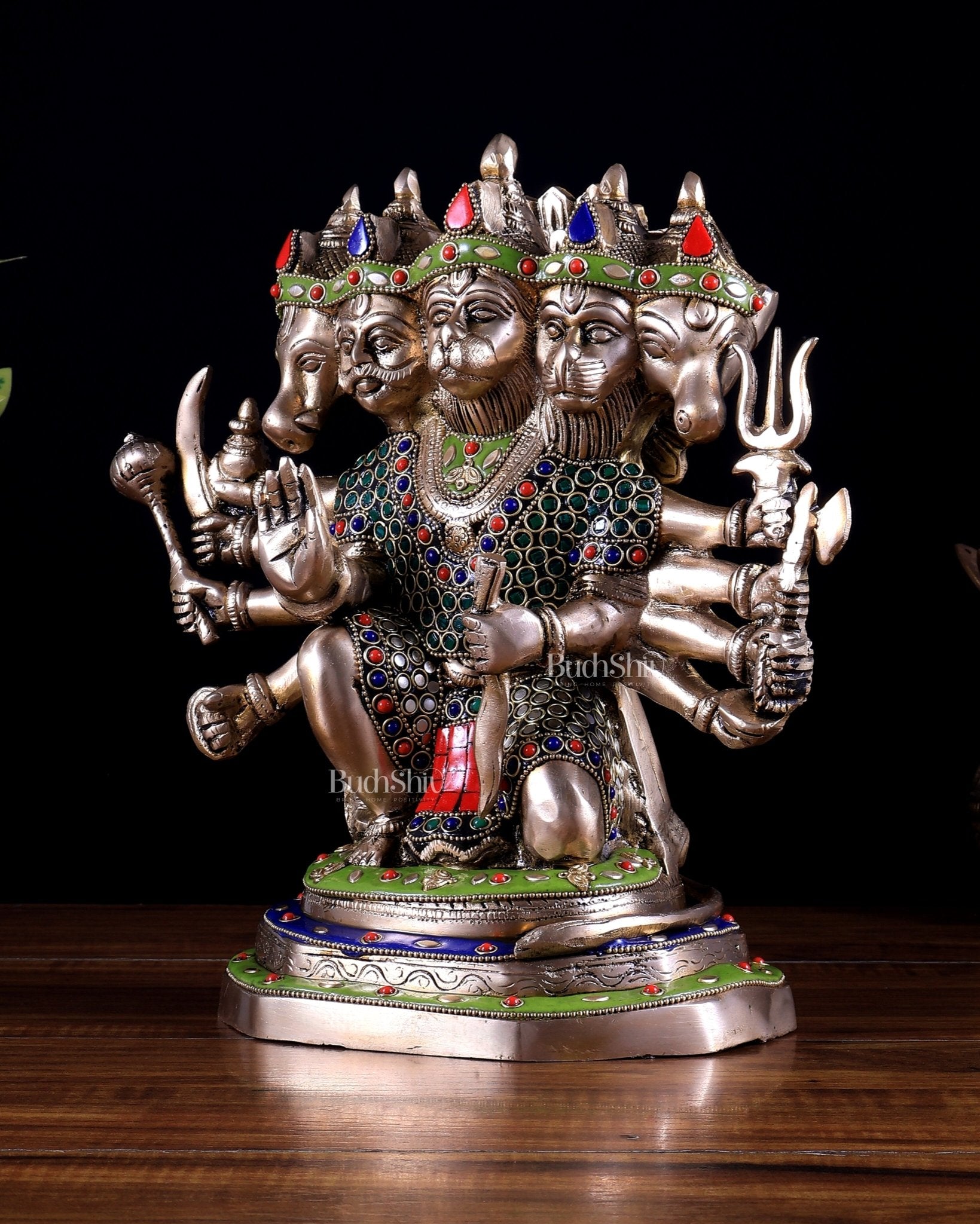 Brass Panchmukhi Hanuman Statue - 11" stonework - Budhshiv.com