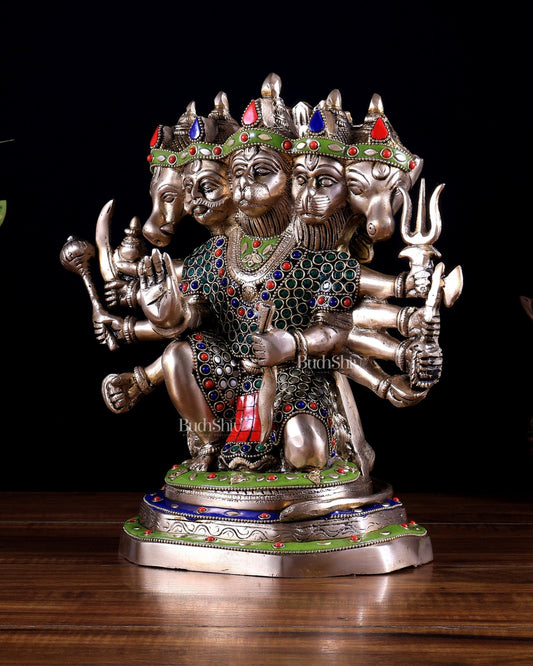 Brass Panchmukhi Hanuman Statue - 11" stonework - Budhshiv.com
