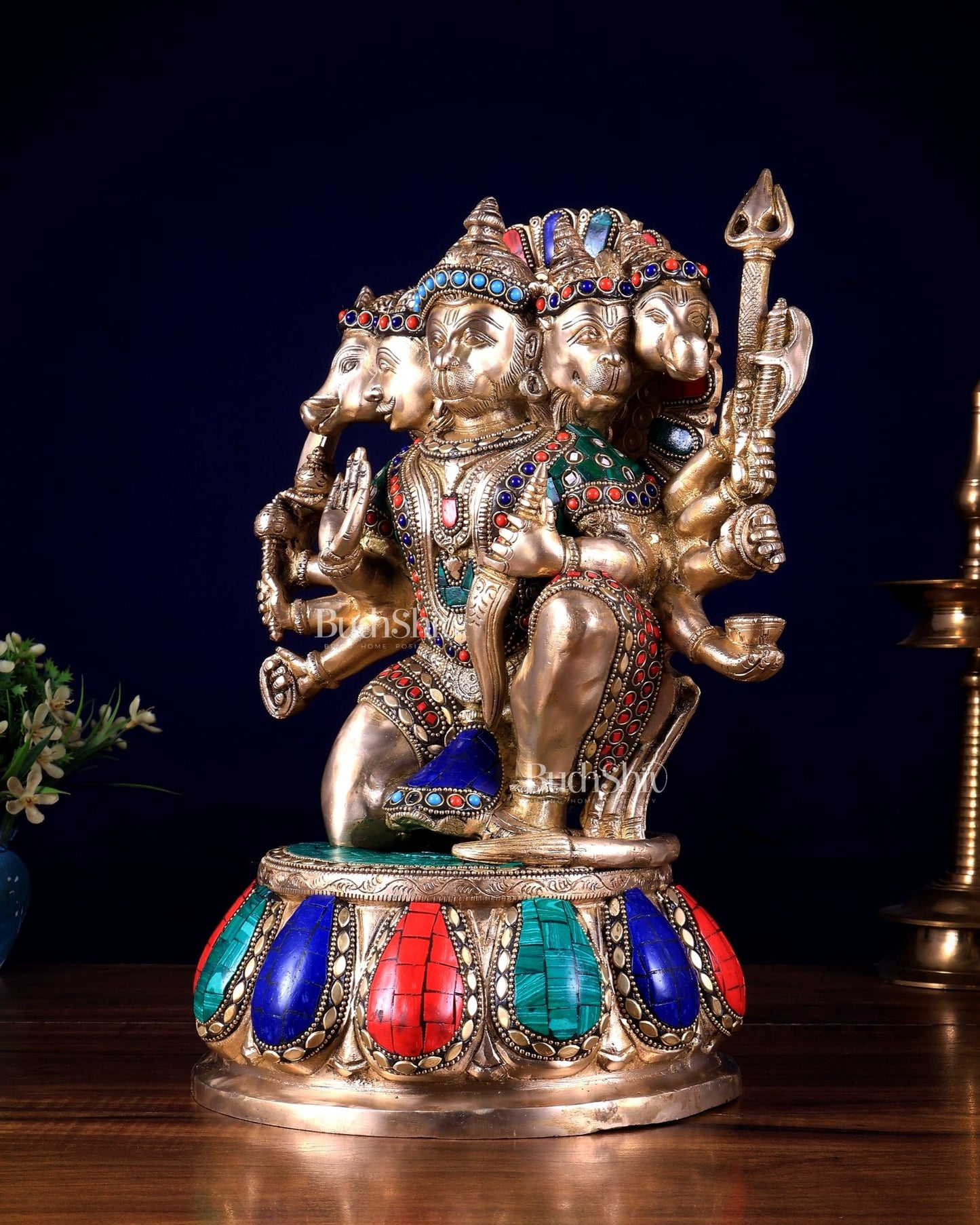 Brass Panchmukhi Hanuman statue 13" meenakari Stonework - Budhshiv.com