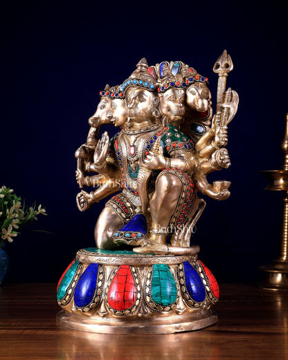 Brass Panchmukhi Hanuman statue 13" meenakari Stonework - Budhshiv.com
