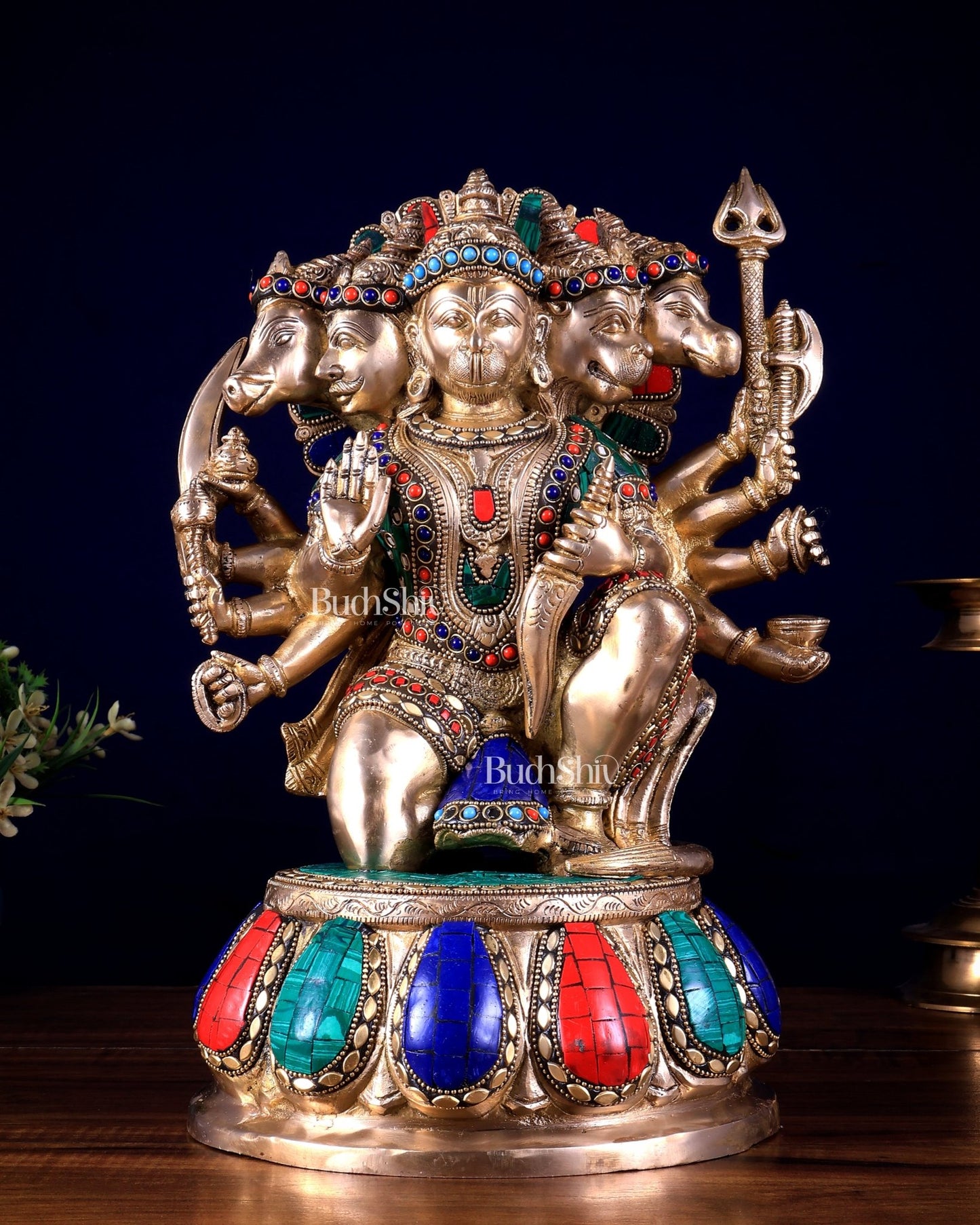 Brass Panchmukhi Hanuman statue 13" meenakari Stonework - Budhshiv.com