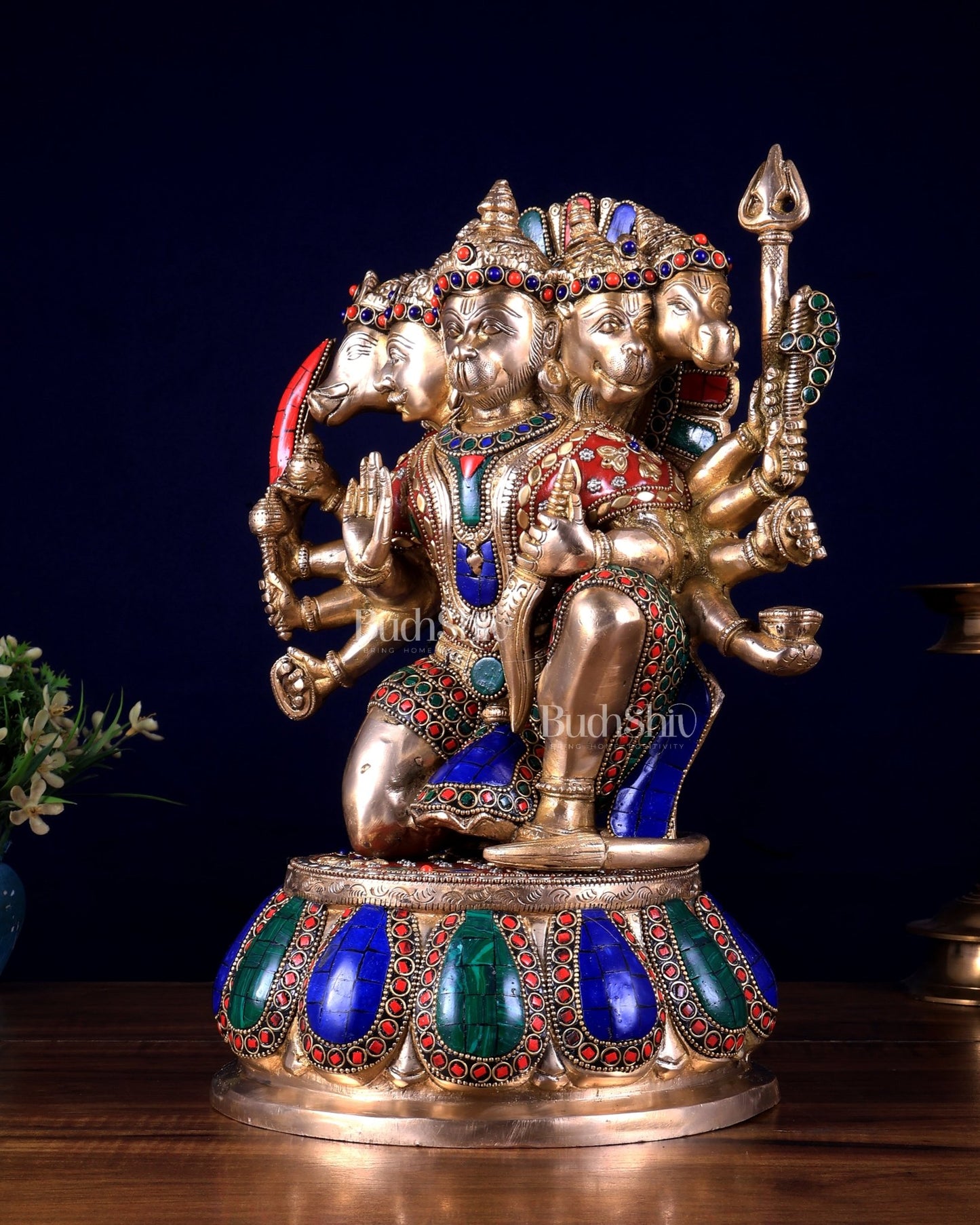 Brass Panchmukhi Hanuman statue 13" meenakari Stonework - Budhshiv.com