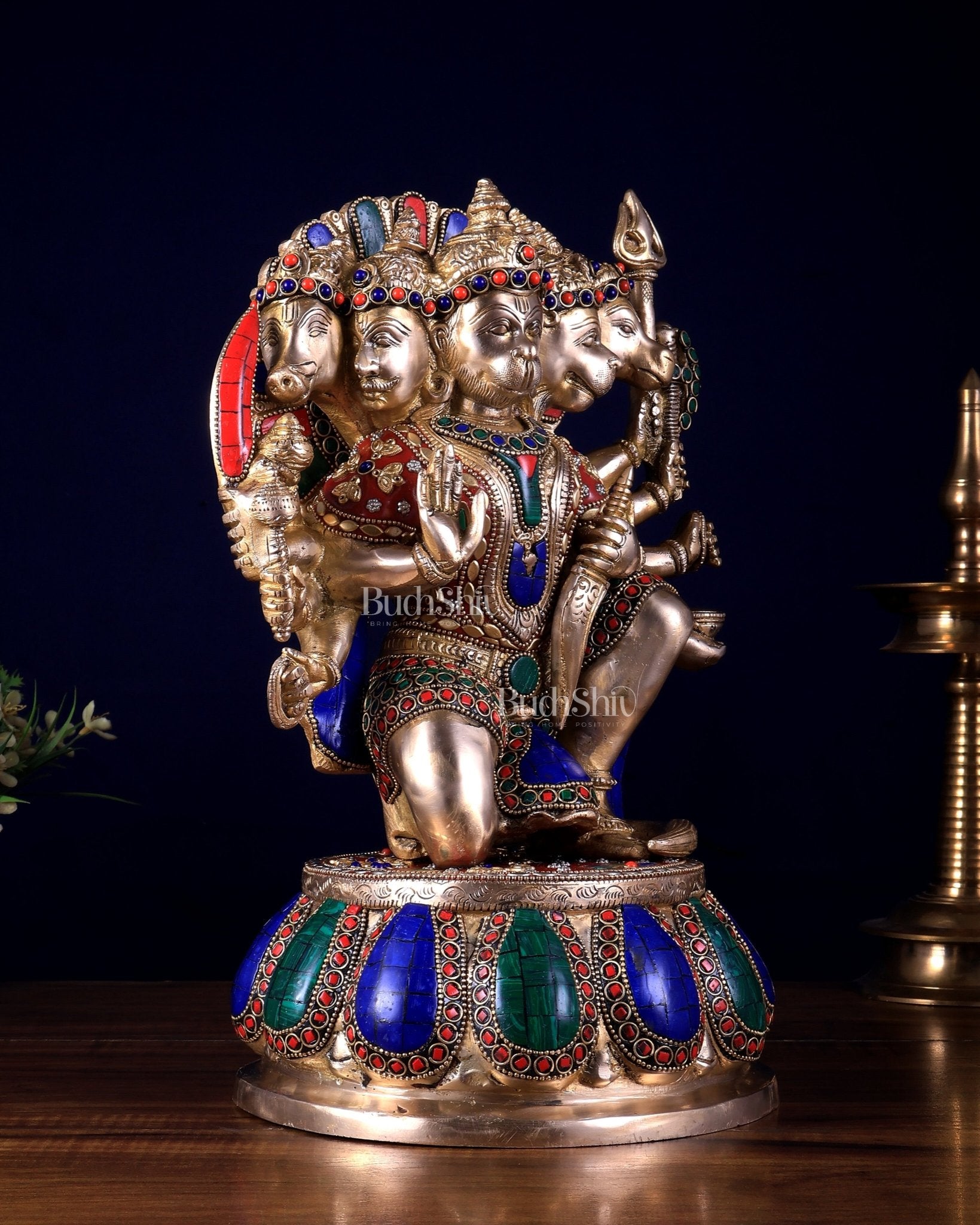 Brass Panchmukhi Hanuman statue 13" meenakari Stonework - Budhshiv.com