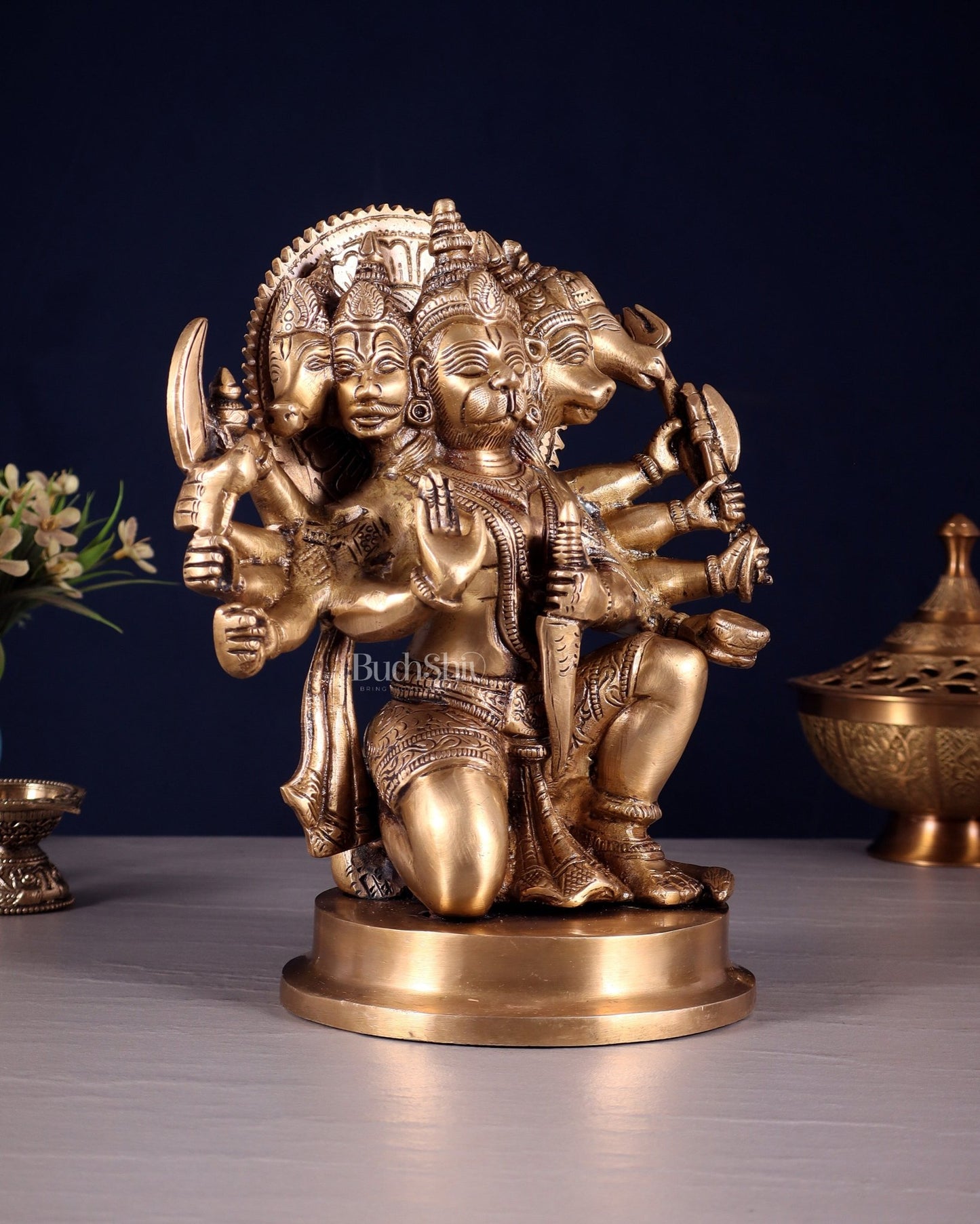 Brass Panchmukhi Hanuman statue 8.5" - Budhshiv.com