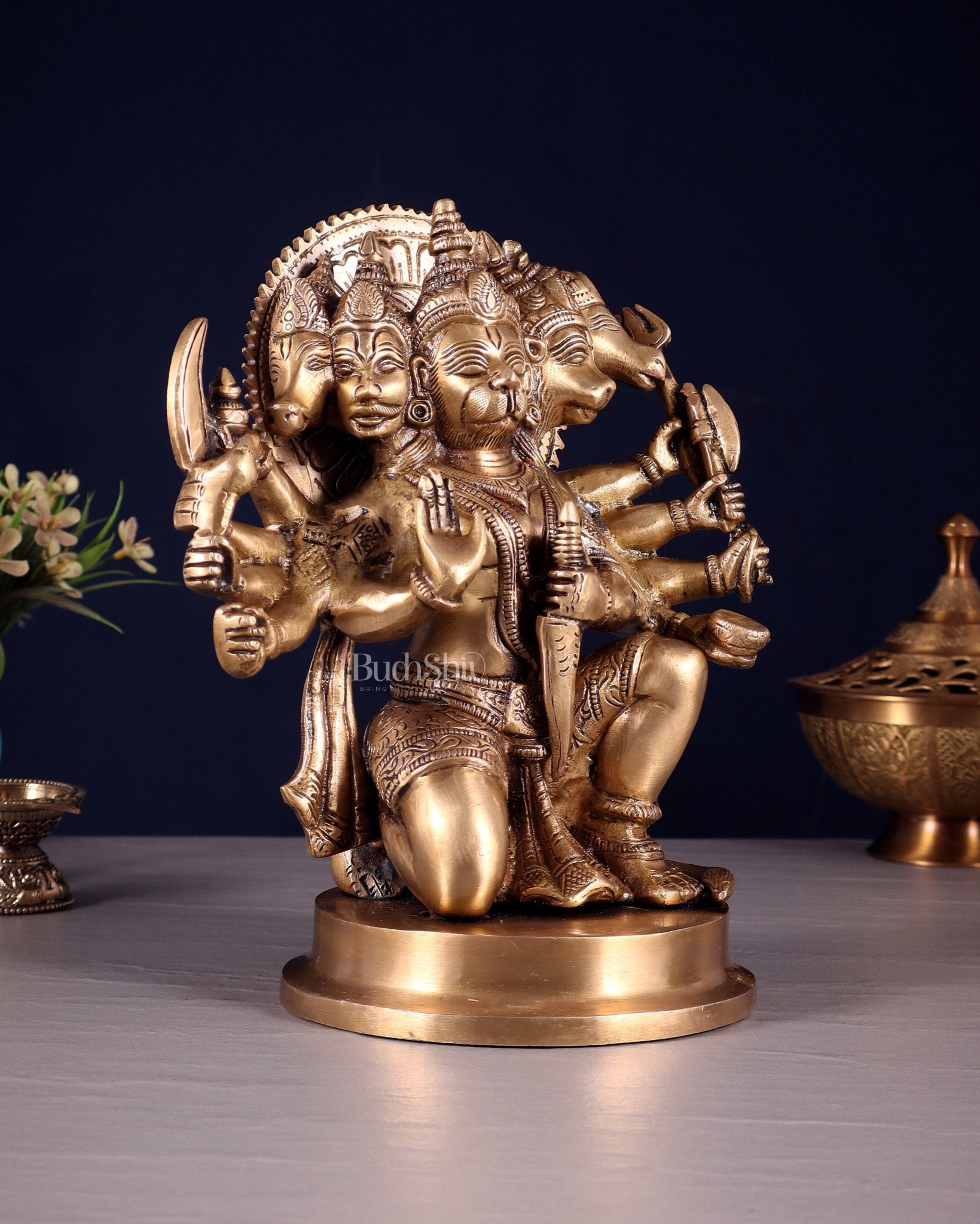 Brass Panchmukhi Hanuman statue 8.5" - Budhshiv.com