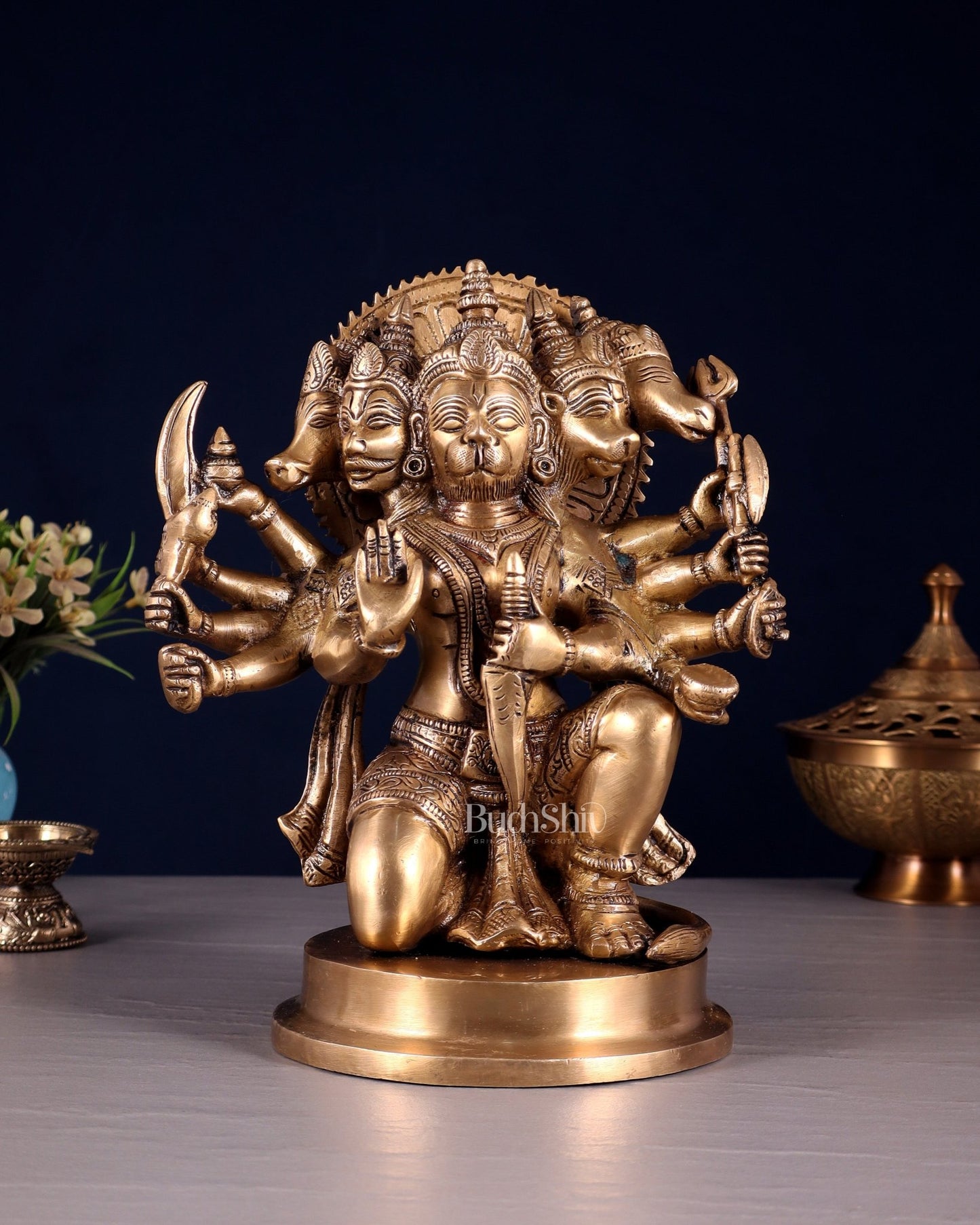 Brass Panchmukhi Hanuman statue 8.5" - Budhshiv.com