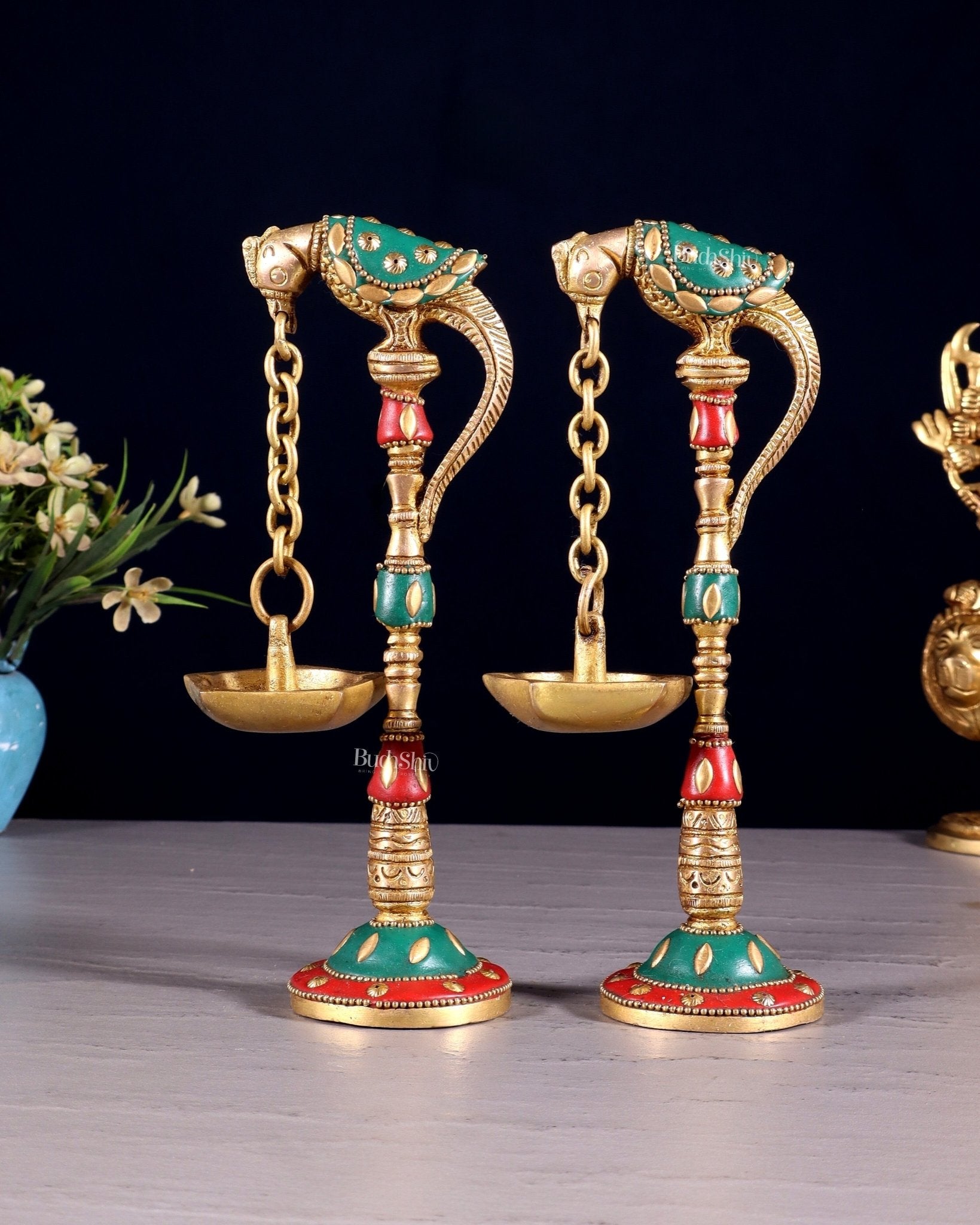 Brass Parrot lamps with stonework 7" - Budhshiv.com