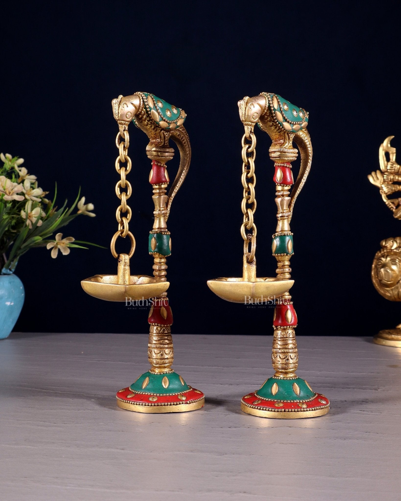 Brass Parrot lamps with stonework 7" - Budhshiv.com