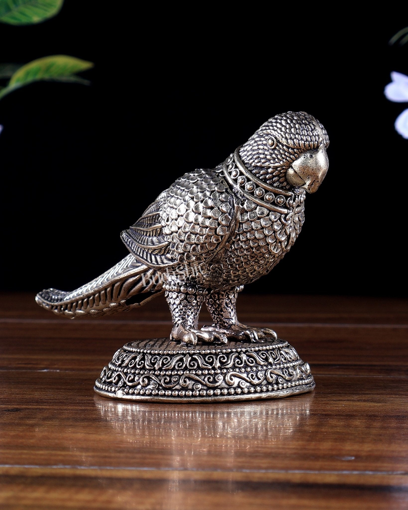 Brass Parrot Showpiece Decor | Superfine Mini Statue 6.5 inch wide - Budhshiv.com