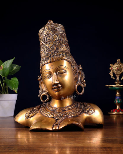 Brass Parvati face Bust table accent 12" Burnt brass tone - Budhshiv.com