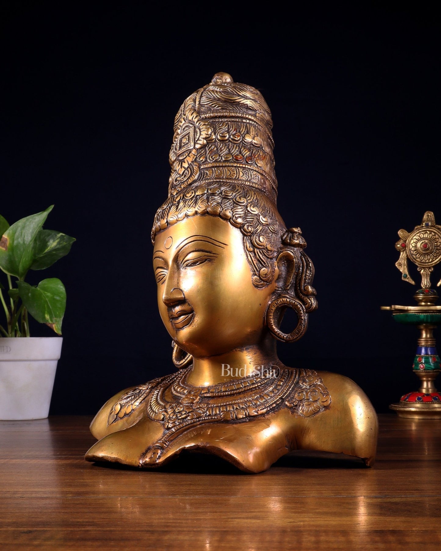 Brass Parvati face Bust table accent 12" Burnt brass tone - Budhshiv.com