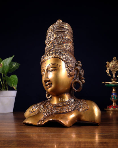 Brass Parvati face Bust table accent 12" Burnt brass tone - Budhshiv.com