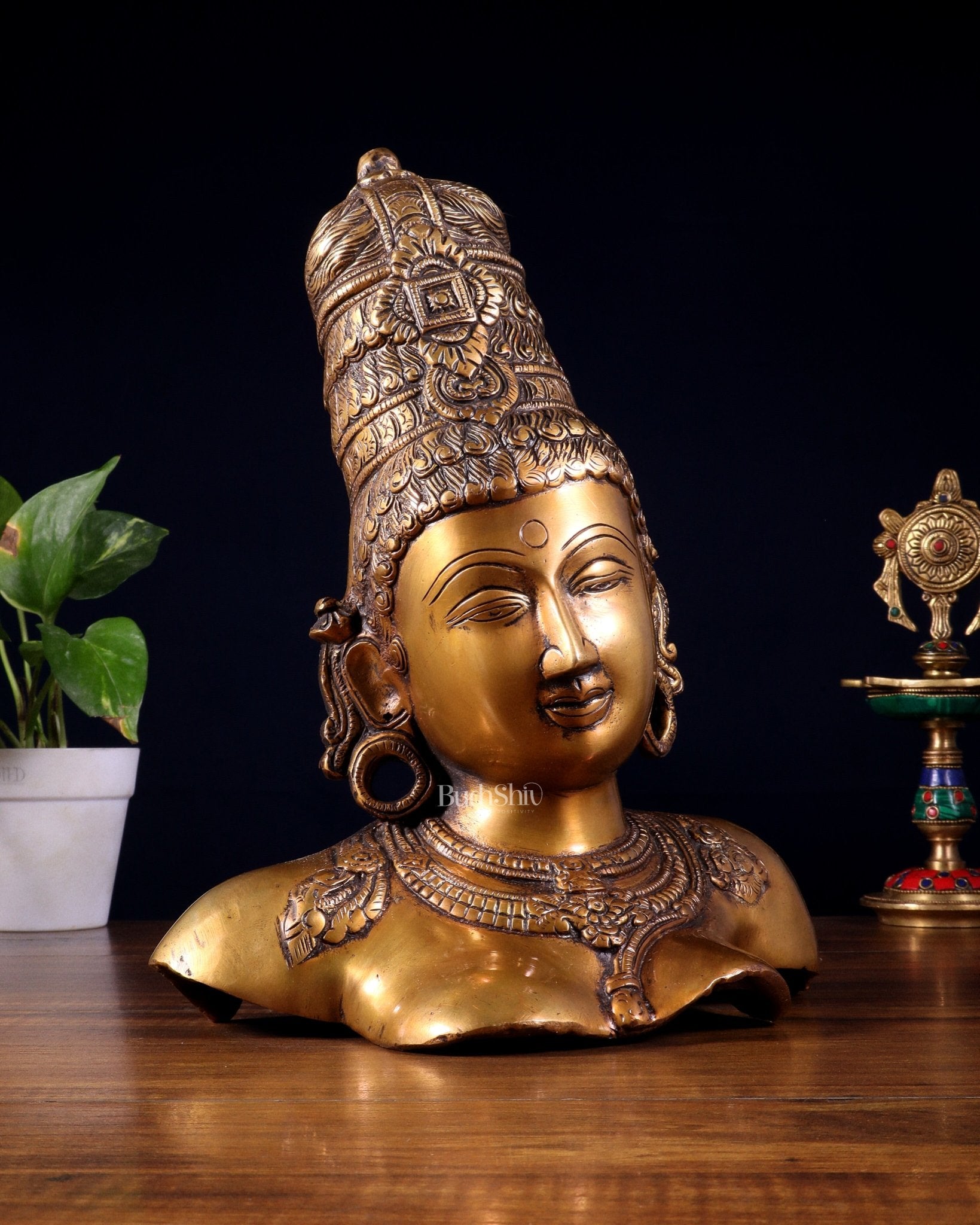 Brass Parvati face Bust table accent 12" Burnt brass tone - Budhshiv.com