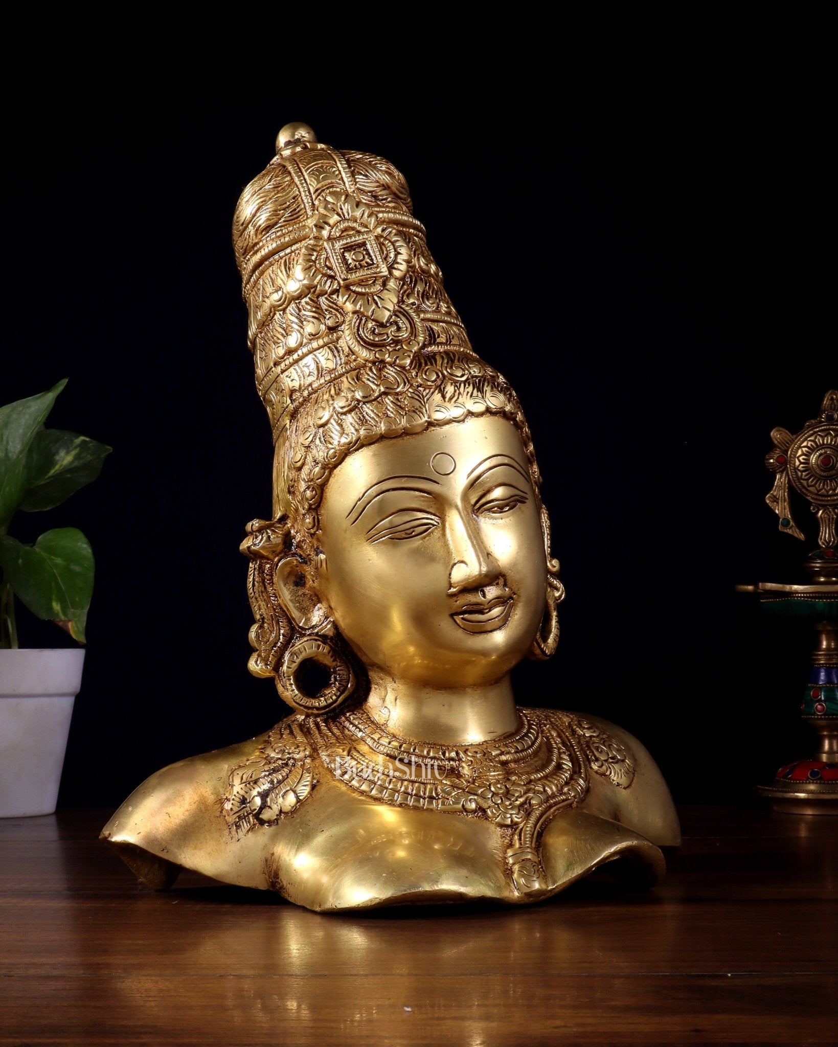 Brass Parvati face Bust table accent 12" Butter gold - Budhshiv.com