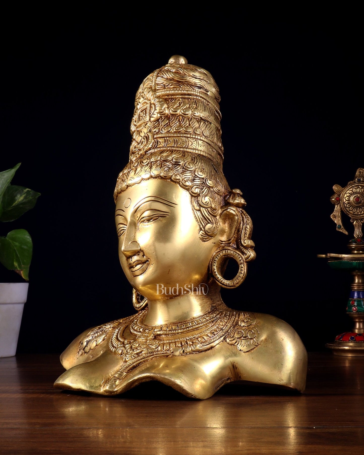 Brass Parvati face Bust table accent 12" Butter gold - Budhshiv.com