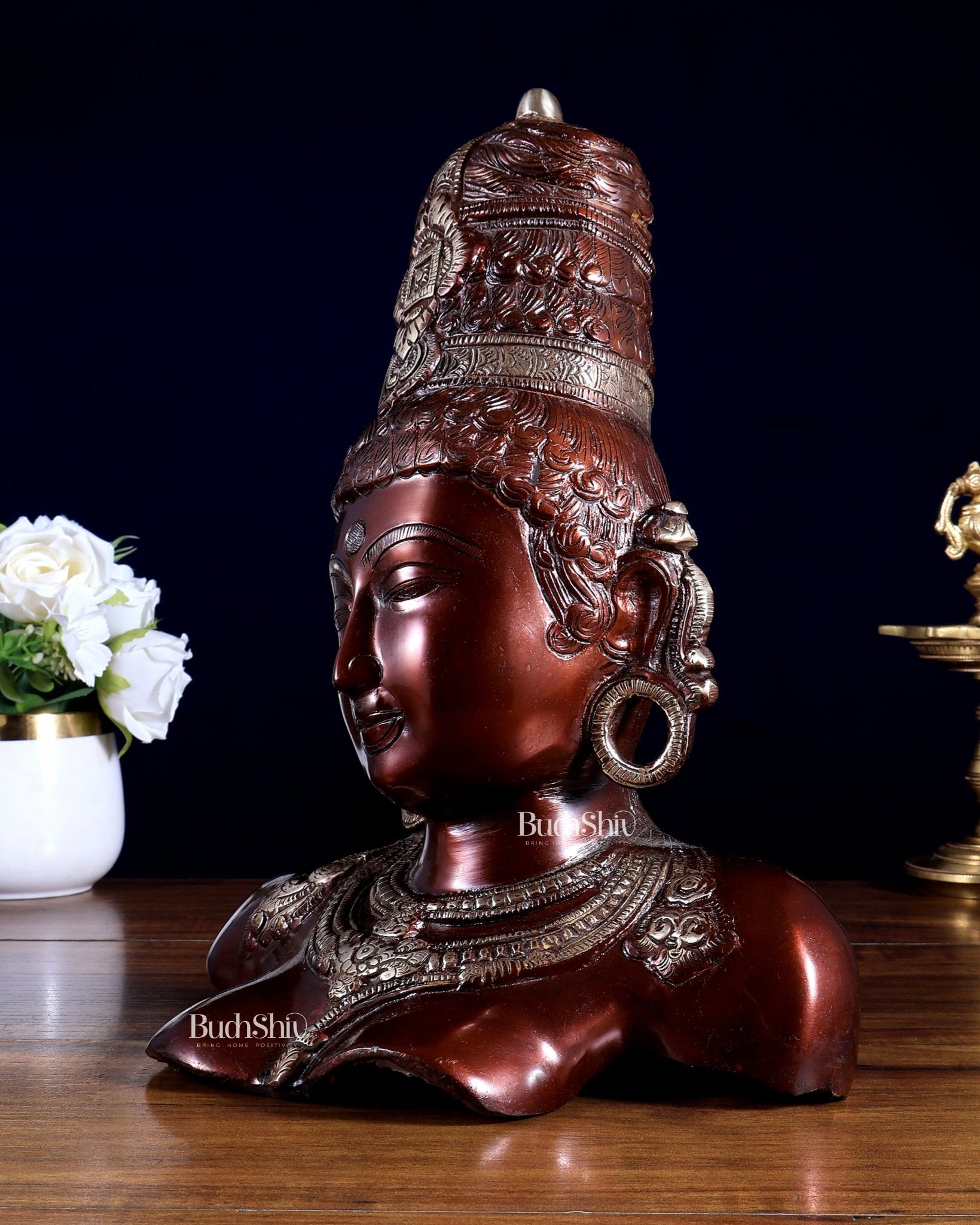 Brass Parvati face Bust table accent 12" copper tone - Budhshiv.com