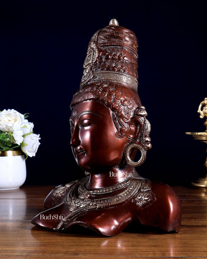 Brass Parvati face Bust table accent 12" copper tone - Budhshiv.com