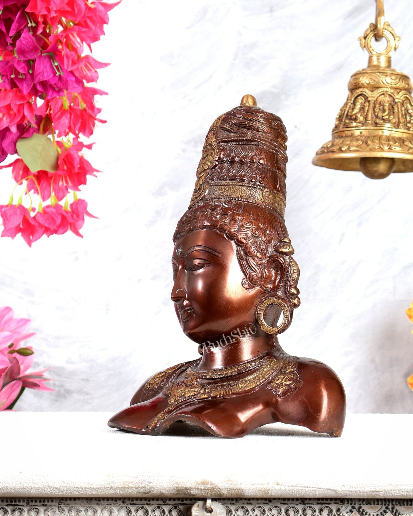 Brass Parvati face Bust table accent 12" copper tone - Budhshiv.com