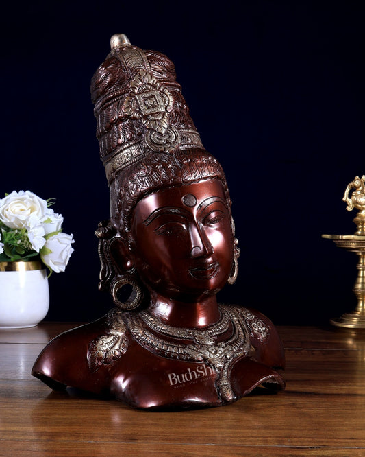 Brass Parvati face Bust table accent 12" copper tone - Budhshiv.com