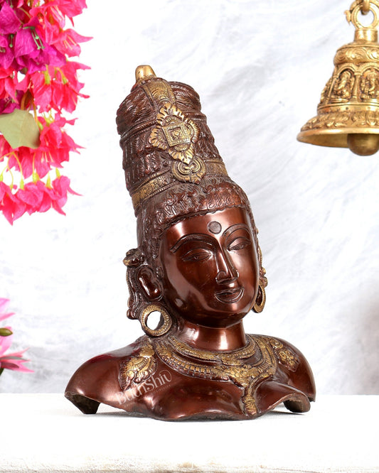 Brass Parvati face Bust table accent 12" copper tone - Budhshiv.com