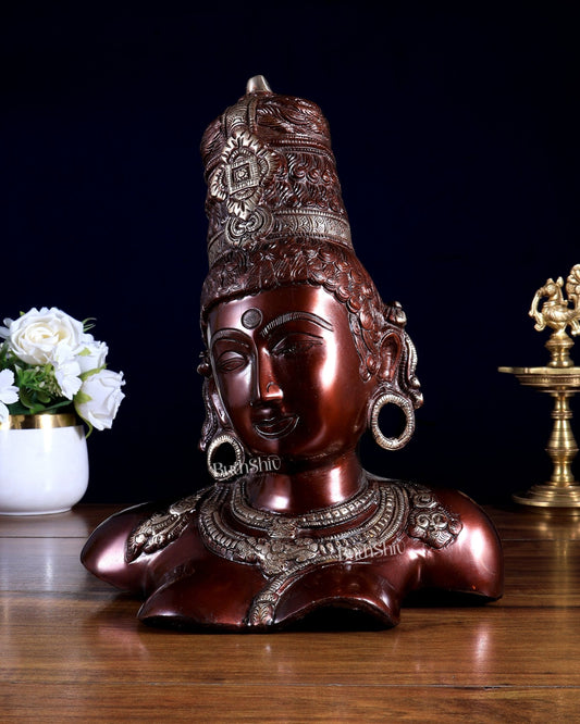Brass Parvati face Bust table accent 12" copper tone - Budhshiv.com