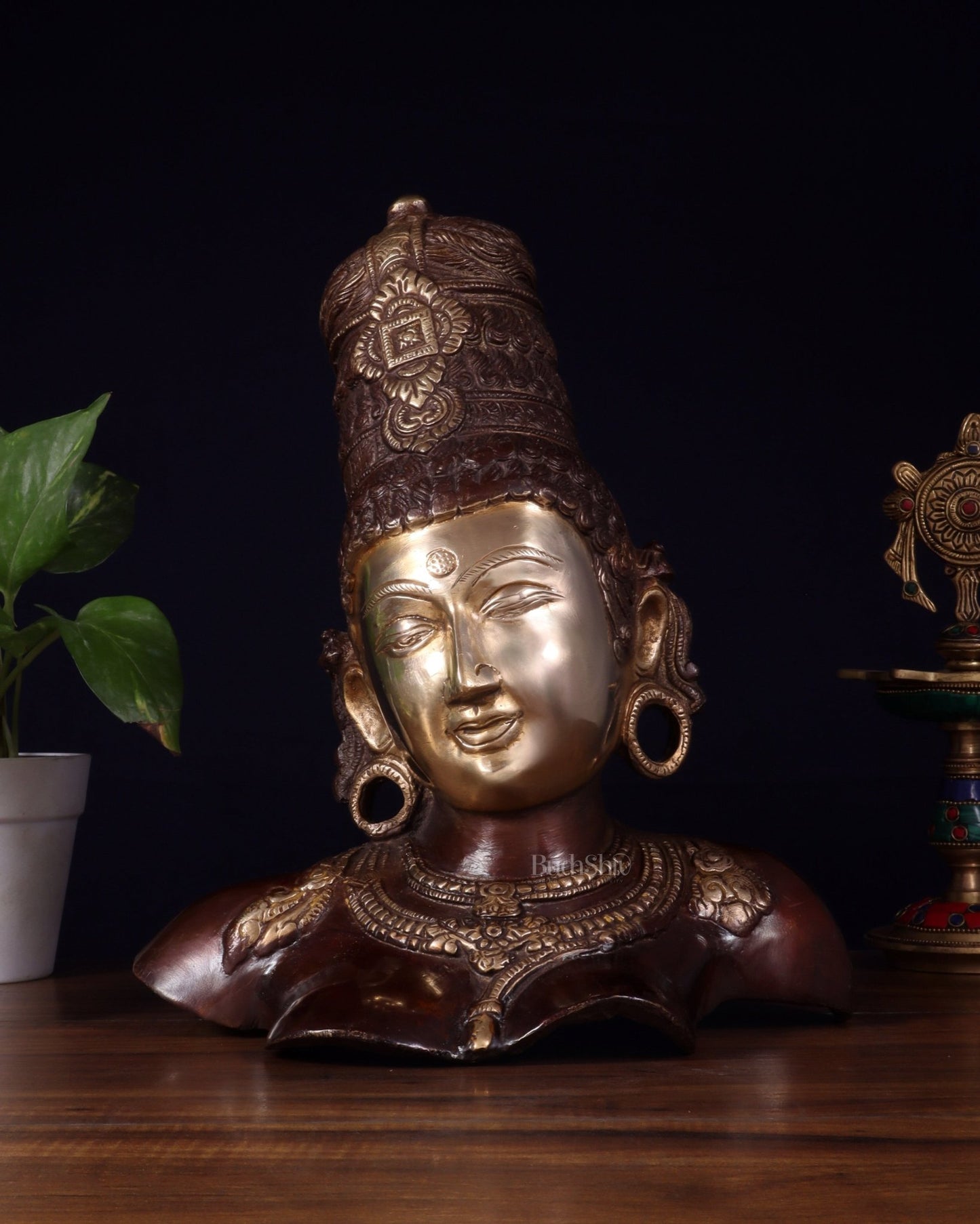 Brass Parvati face Bust table accent 12" Dual tone - Budhshiv.com