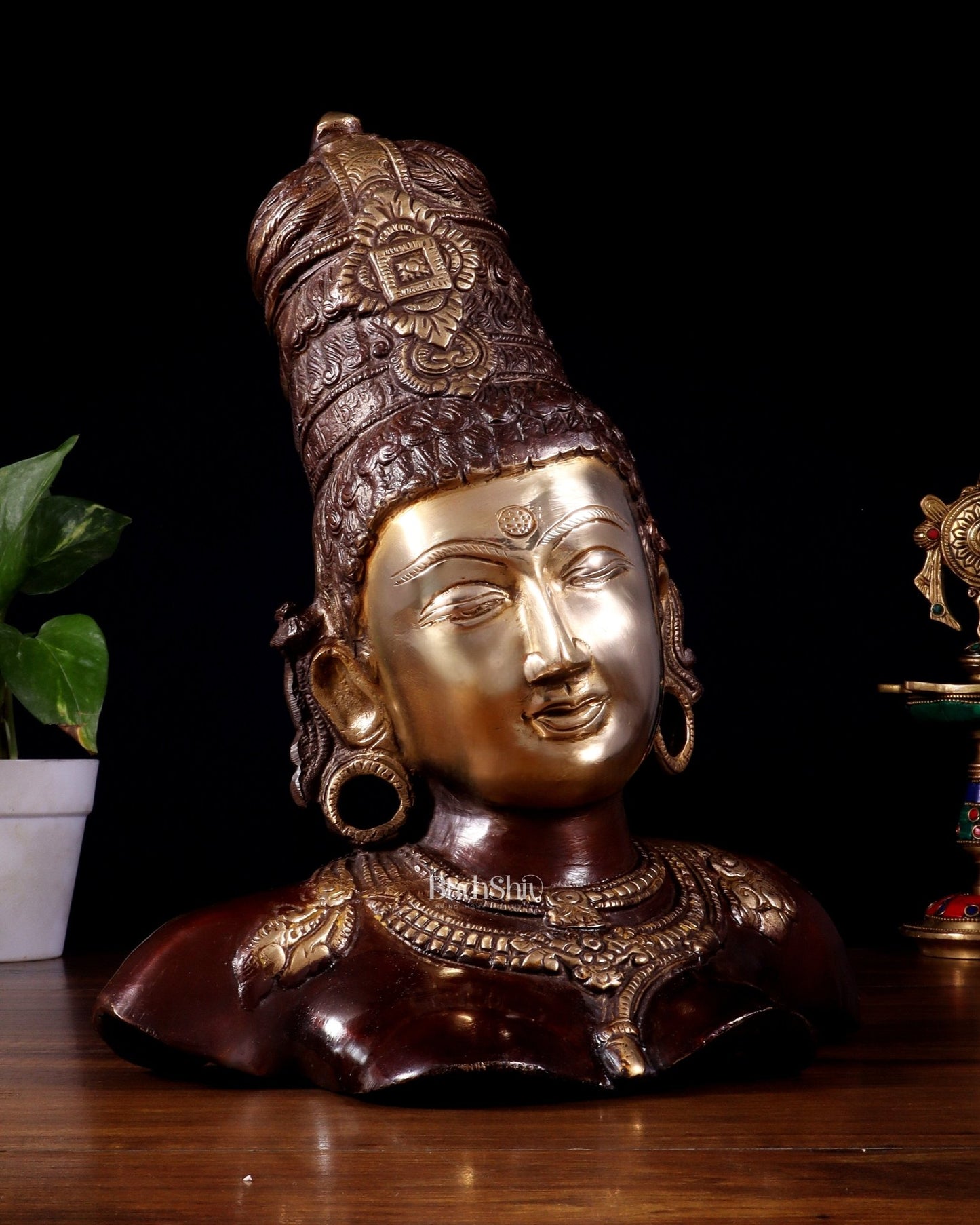Brass Parvati face Bust table accent 12" Dual tone - Budhshiv.com