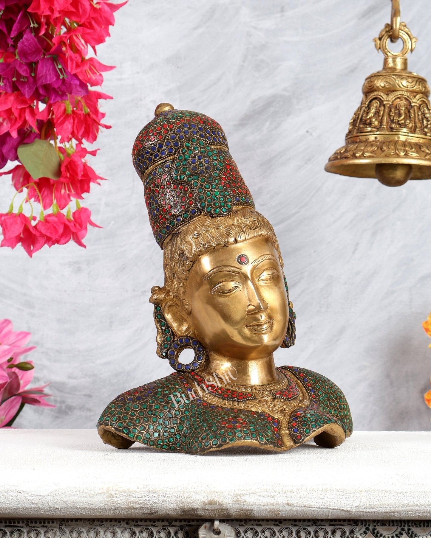 Brass Parvati face Bust table accent 12" stonework - Budhshiv.com